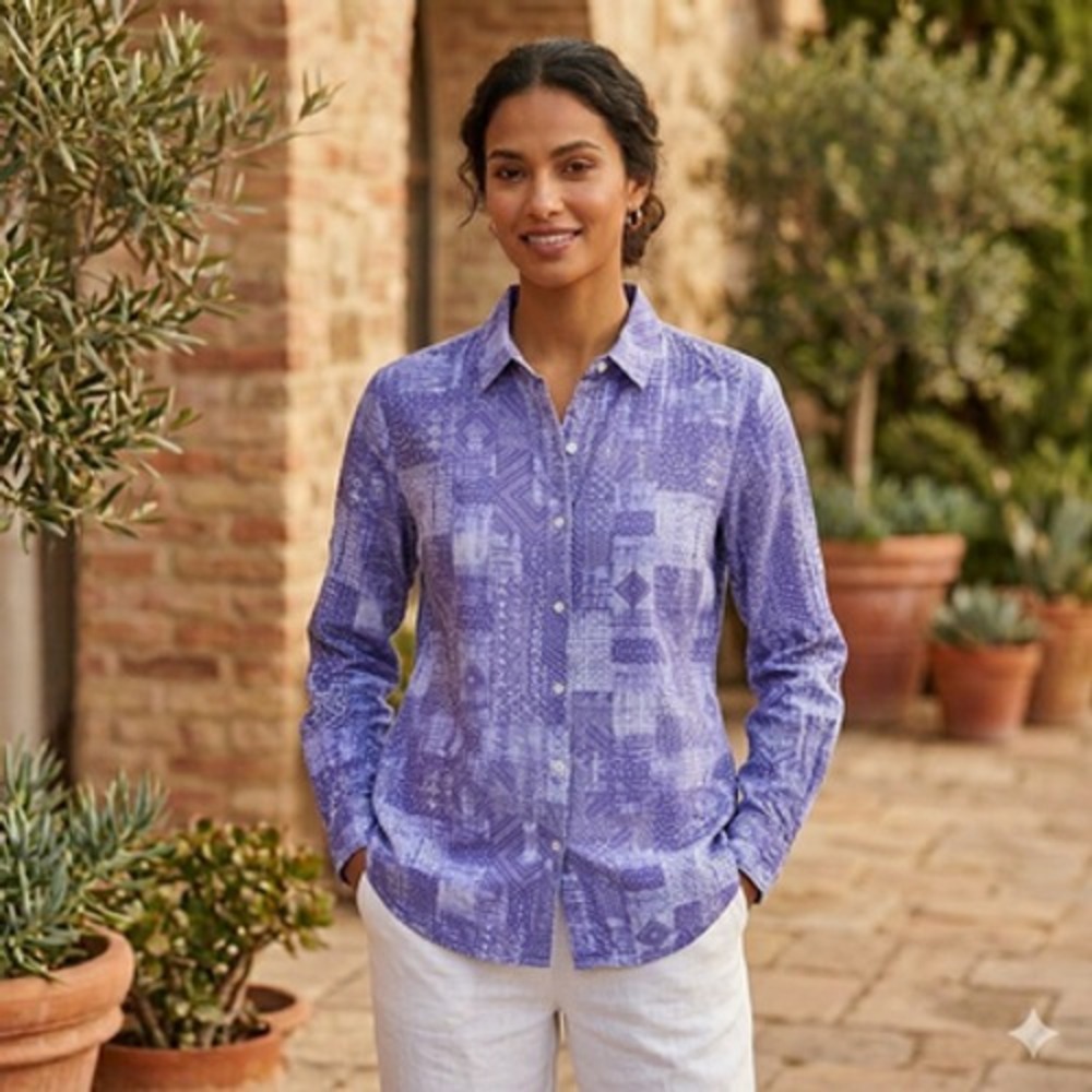 J. McLaughlin Shirt Womens Medium Blue Geometric Button Up Long Sleeve Stretch